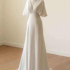 Flowy Chiffon A-Line Beach Wedding Dress with V-Neck