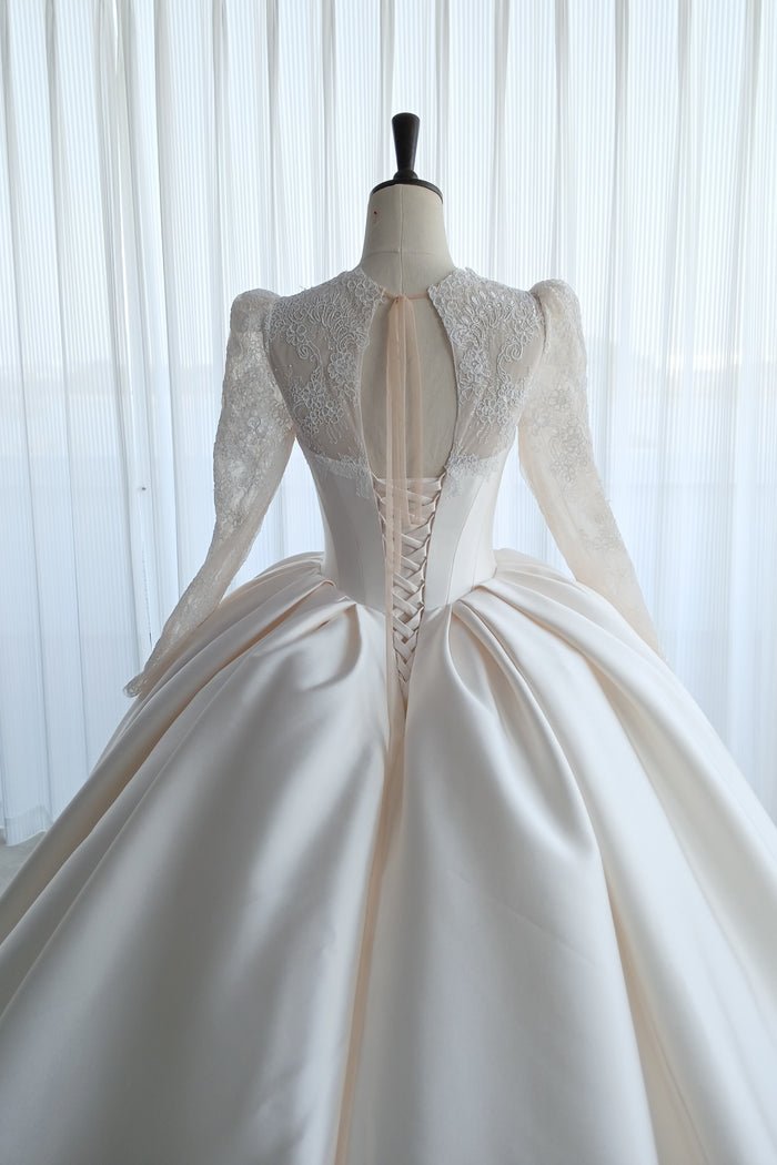 Vintage Long Sleeve Lace Satin Ball Gown Wedding Dress - Image 2