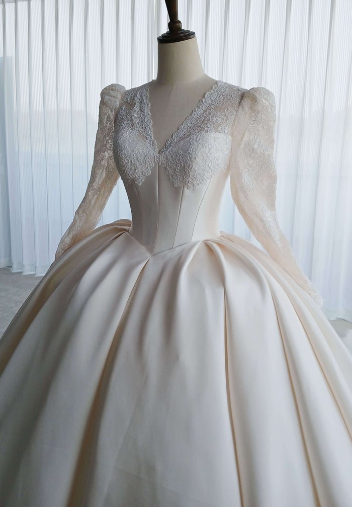 Vintage Long Sleeve Lace Satin Ball Gown Wedding Dress - Image 4