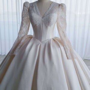 Vintage Long Sleeve Lace Satin Ball Gown Wedding Dress