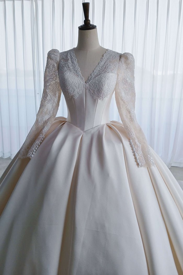 Vintage Long Sleeve Lace Satin Ball Gown Wedding Dress