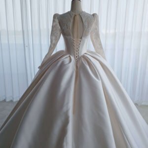 Vintage Long Sleeve Lace Satin Ball Gown Wedding Dress