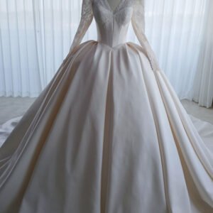 Vintage Long Sleeve Lace Satin Ball Gown Wedding Dress