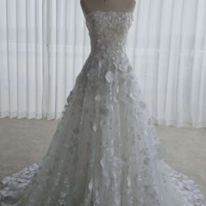 Romantic Floral Lace A-Line Wedding Dress with Long Train